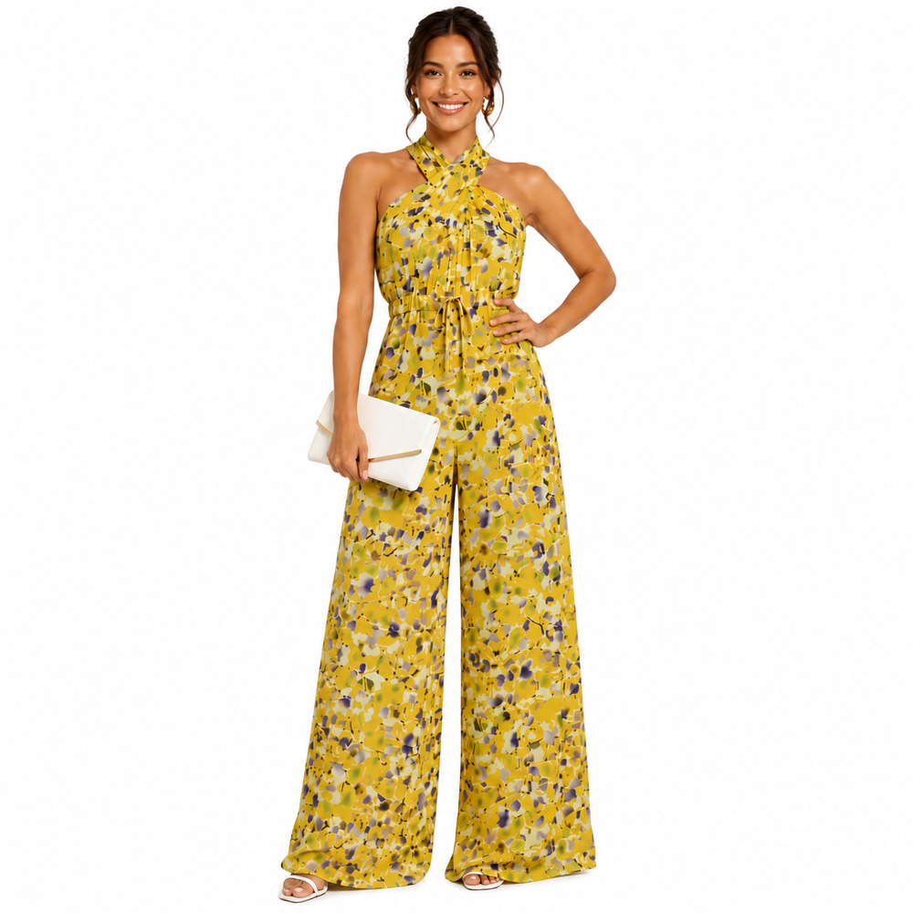 $398 NWT Mac Duggal Halter Wide Leg Jumpsuit Pant S 4 Yellow Floral Resort Chic